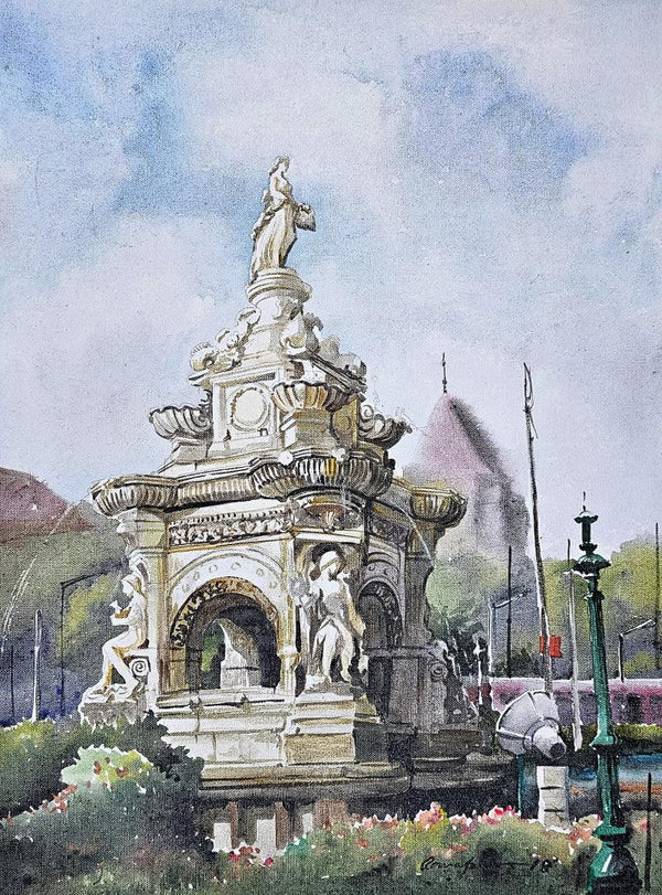 Cityscape acrylic painting titled 'Flora Fountain', 24x18 inches, by artist Ranabir Saha on Canvas