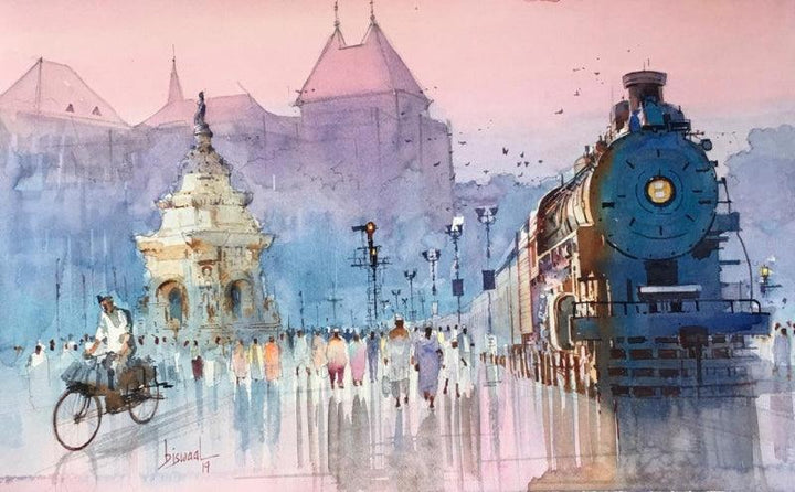 Fantasy watercolor painting titled 'Flora Fountain Special', 13x21 inches, by artist Bijay Biswaal on Paper