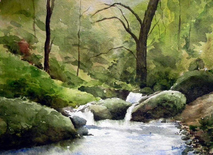 Landscape watercolor painting titled 'Flow', 14x21 inches, by artist Jitendra Sule on Handmade Paper