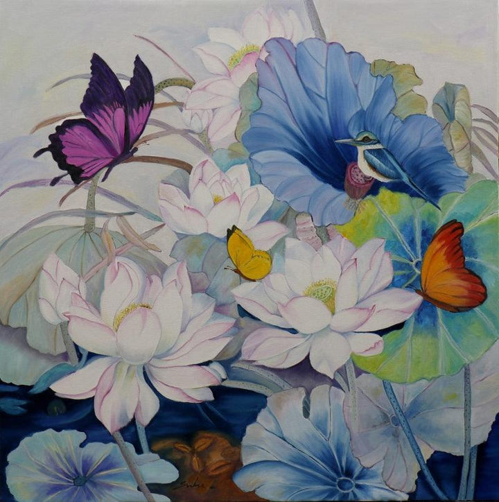 Nature oil painting titled 'Flower And Birds', 36x36 inches, by artist Sulakshana Dharmadhikari on Canvas