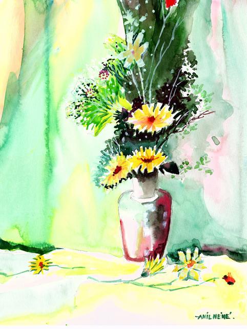 Landscape watercolor painting titled 'Flower And Vase', 11x17 inches, by artist Anil Nene on Paper