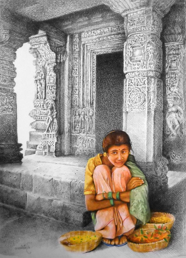 Realistic mixed media painting titled 'Flower Girl', 22x15 inches, by artist Milind Varangaonkar on Paper