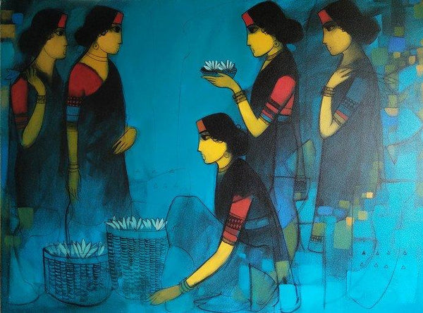 Figurative acrylic painting titled 'Flower Girls Blue', 36x48 inches, by artist Sachin Sagare on Canvas