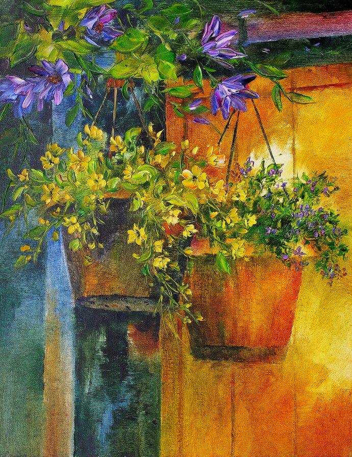 Nature oil painting titled 'Flower Hanging Pots', 18x14 inches, by artist Swati Kale on Canvas