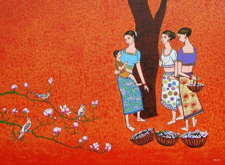 Figurative acrylic painting titled 'Flower Happiness', 36x48 inches, by artist Deepali S on Canvas