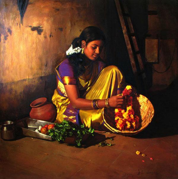 Figurative oil painting titled 'Flower Making', 24x24 inches, by artist S  Elayaraja on Canvas