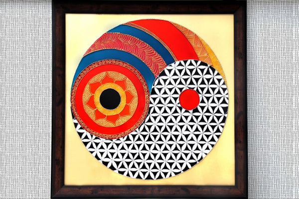 Abstract glass art titled 'Flower of life yin yang', 24x24x4 inches, by artist Shweta Vyas on glass