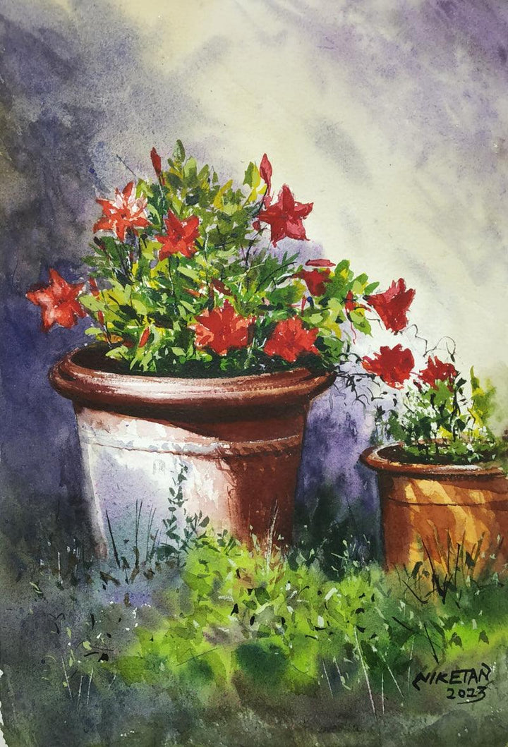 Landscape watercolor painting titled 'Flower Pots', 12x8 inches, by artist Niketan Bhalerao on Paper