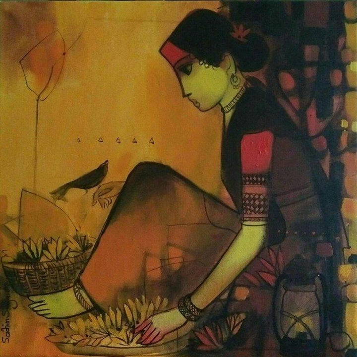 Figurative acrylic painting titled 'Flower Seller 1', 20x20 inches, by artist Sachin Sagare on Canvas