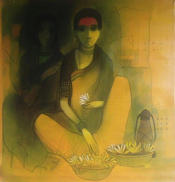 Figurative acrylic painting titled 'Flower Seller 2', 24x24 inches, by artist Sachin Sagare on Canvas