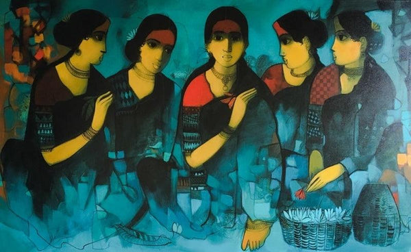 Figurative acrylic painting titled 'Flower Seller 3', 36x60 inches, by artist Sachin Sagare on Canvas