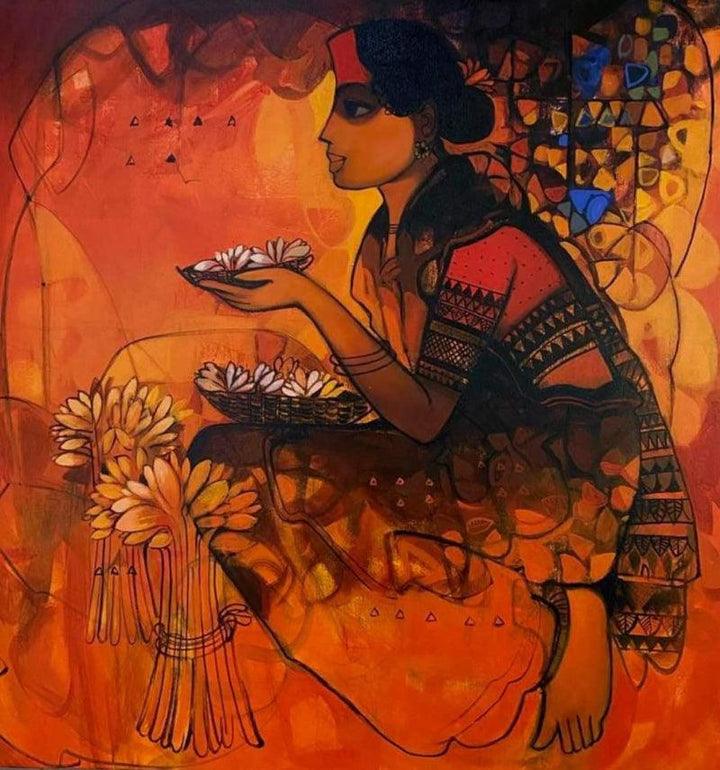 Figurative acrylic painting titled 'Flower Seller 5', 36x36 inches, by artist Sachin Sagare on Canvas