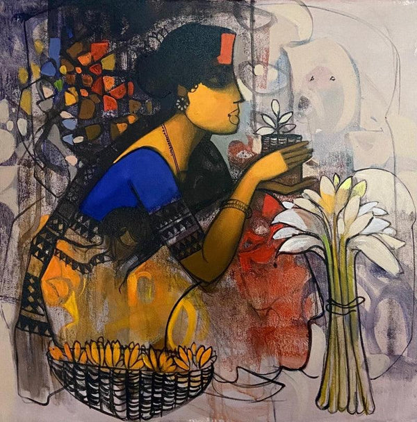 Figurative acrylic painting titled 'Flower Seller 6', 24x24 inches, by artist Sachin Sagare on Canvas