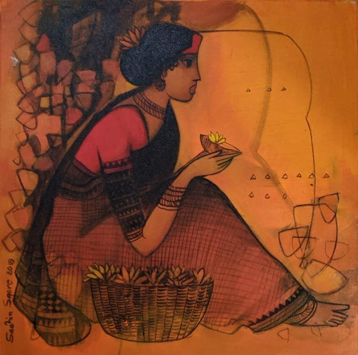 Figurative acrylic painting titled 'Flower Seller 8', 24x24 inches, by artist Sachin Sagare on Canvas