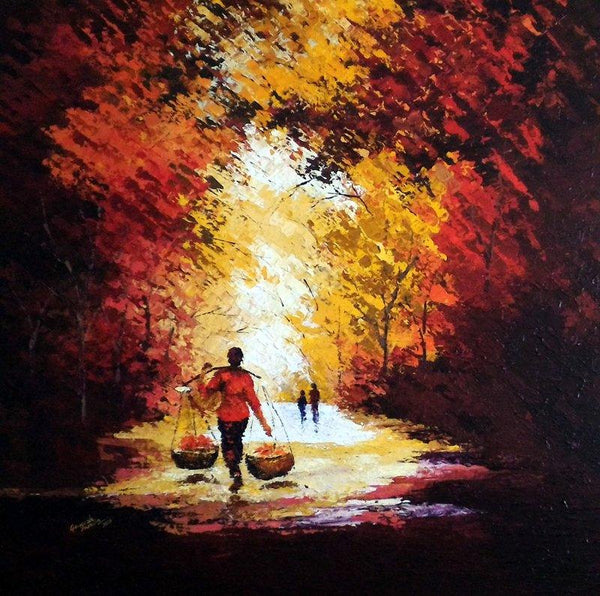 Nature acrylic painting titled 'Flower Seller', 36x36 inches, by artist Ganesh Panda on Canvas