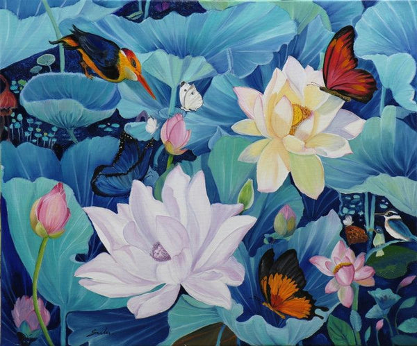 Animals oil painting titled 'Flower With Birds Butterfly 1', 36x30 inches, by artist Sulakshana Dharmadhikari on canvas