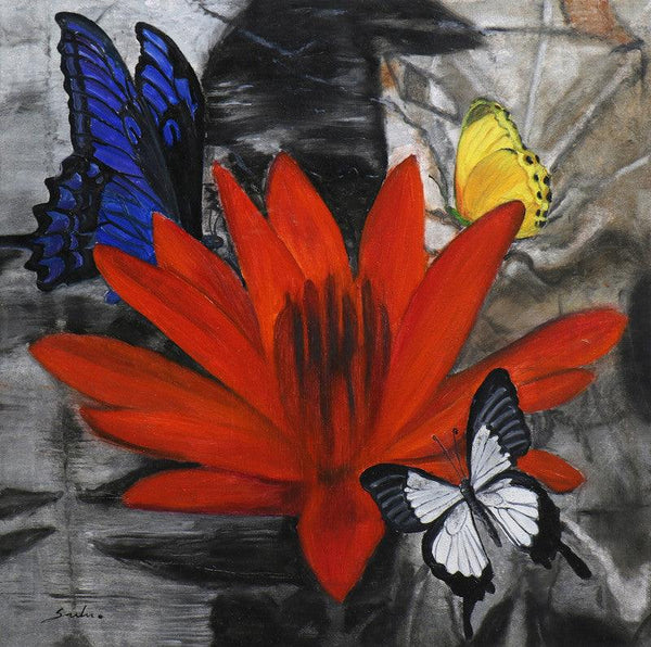 Landscape oil painting titled 'Flower With Butterflies 12 30x30', 30x30 inches, by artist Sulakshana Dharmadhikari on Canvas