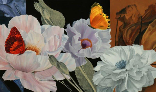 Nature oil painting titled 'Flower With Butterfly 5', 36x60 inches, by artist Sulakshana Dharmadhikari on Canvas