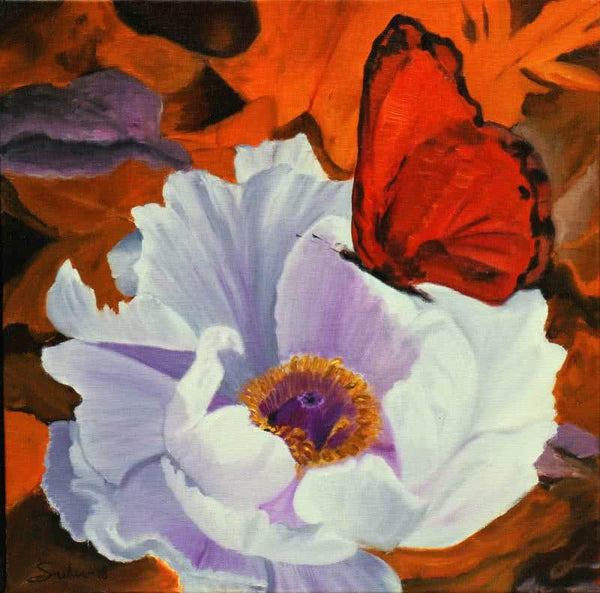 Nature oil painting titled 'Flower With Butterfly 6', 18x18 inches, by artist Sulakshana Dharmadhikari on Canvas