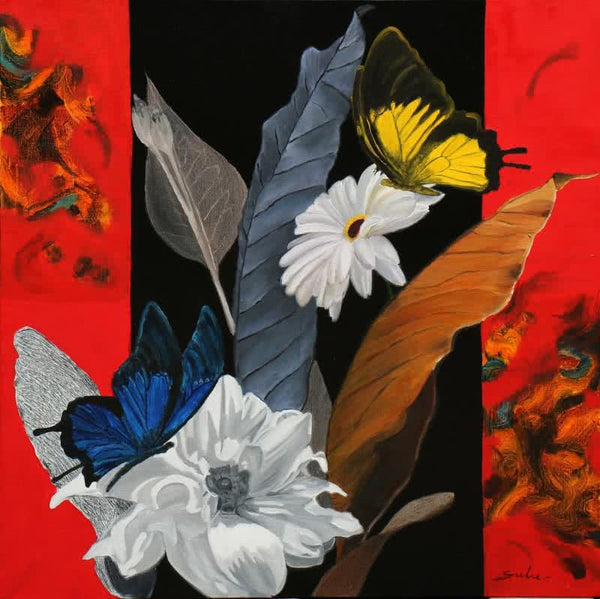 Nature oil painting titled 'Flower With Butterfly 7', 36x36 inches, by artist Sulakshana Dharmadhikari on Canvas