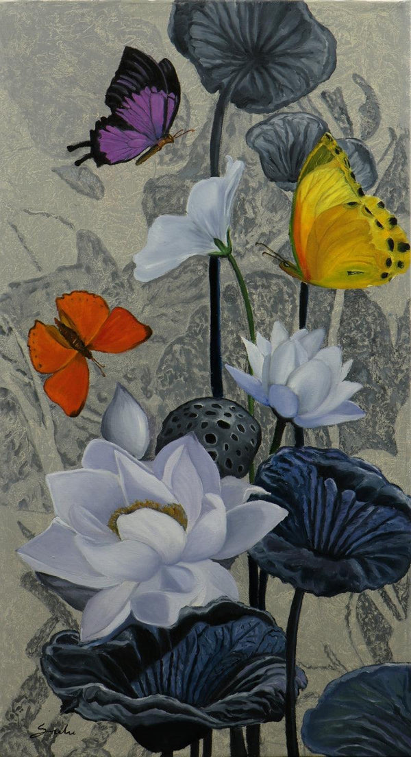 Nature oil painting titled 'Flower With Butterfly 8 ', 48x26 inches, by artist Sulakshana Dharmadhikari on canvas