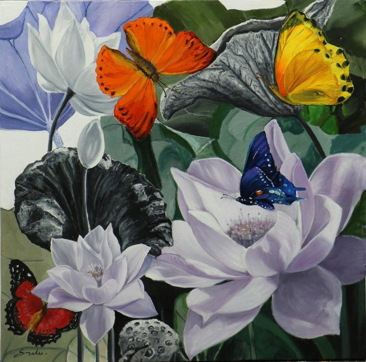 Landscape oil painting titled 'Flower With Butterfly 9', 36x36 inches, by artist Sulakshana Dharmadhikari on canvas