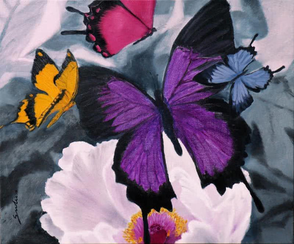 Nature oil painting titled 'Flower With Butterfly', 36x30 inches, by artist Sulakshana Dharmadhikari on Canvas