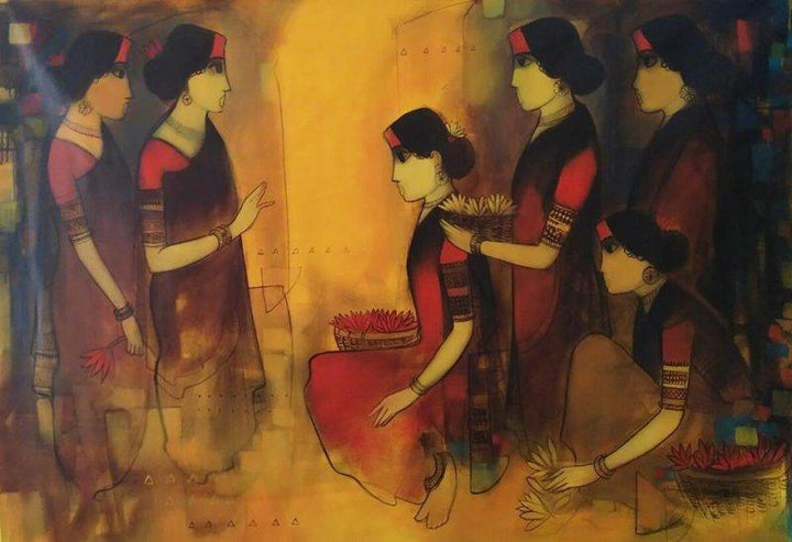 Figurative acrylic painting titled 'Flower Women 11', 36x60 inches, by artist Sachin Sagare on Canvas