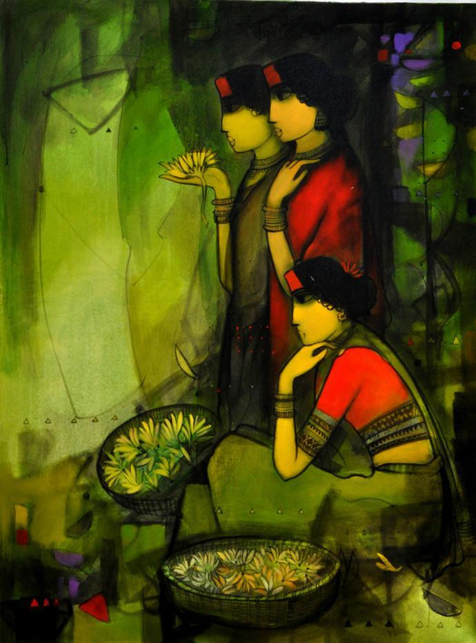 Figurative acrylic painting titled 'Flower Women', 48x36 inches, by artist Sachin Sagare on Canvas