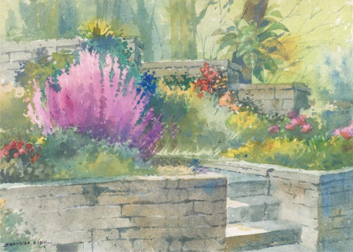 Scenic watercolor painting titled 'Flowerbeds', 11x14 inches, by artist Sankara Babu on Paper