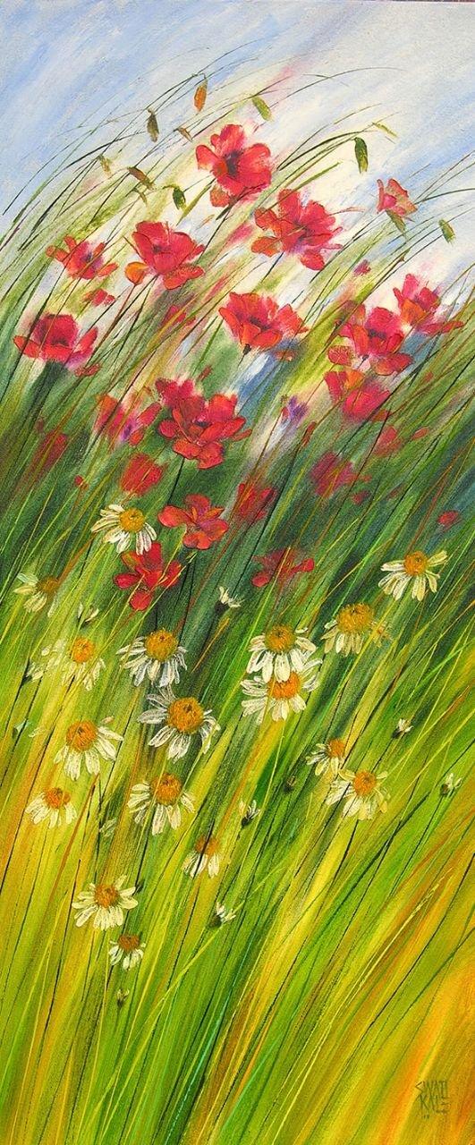 Nature oil painting titled 'Flowers Wild Beauty 2', 42x18 inches, by artist Swati Kale on Canvas