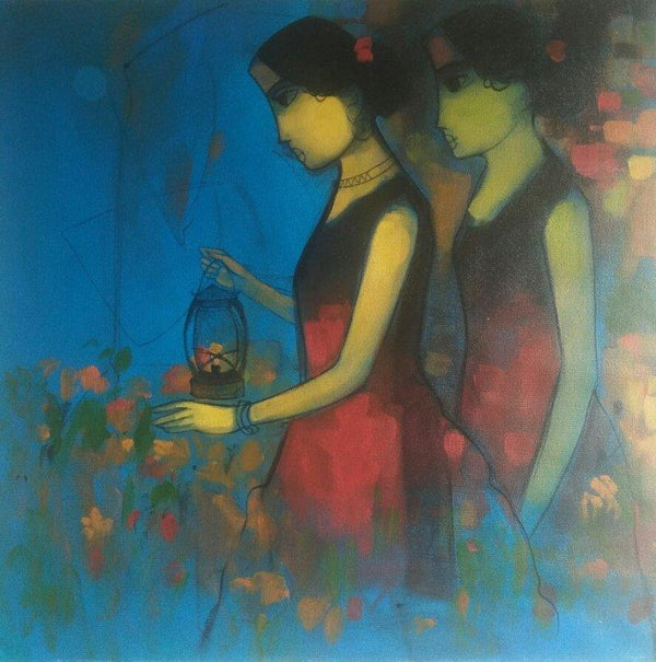 Figurative acrylic painting titled 'Flowery Path', 24x24 inches, by artist Sachin Sagare on Canvas