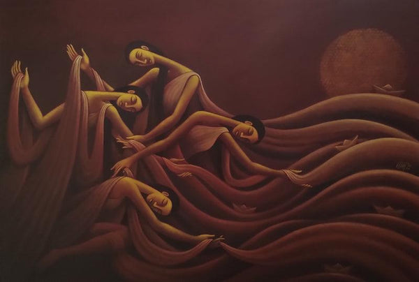 Figurative acrylic painting titled 'Flowing Dreams', 42x60 inches, by artist Uttam Bhattacharya on Canvas