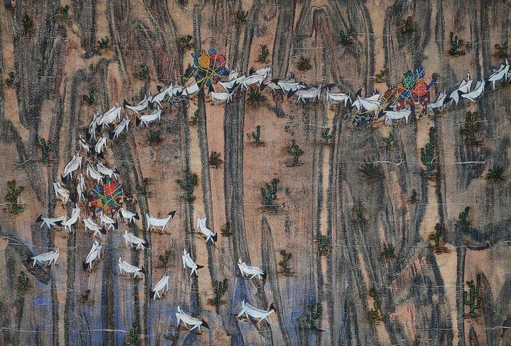 Landscape mixed media painting titled 'Flowing World', 36x51 inches, by artist Pratik Raut on Paper