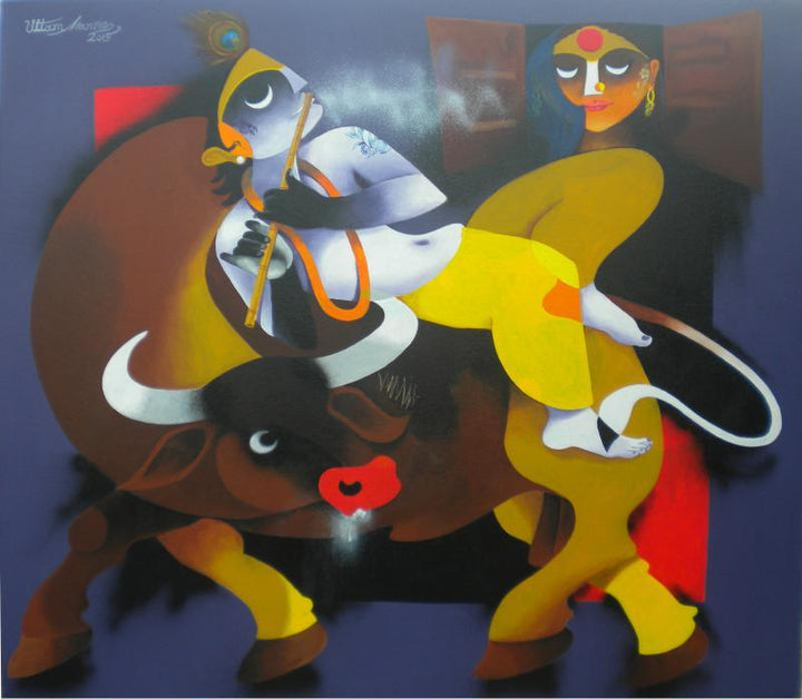 Figurative acrylic painting titled 'Flute', 36x42 inches, by artist Uttam Manna on Canvas