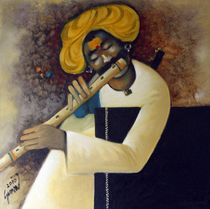 Figurative oil painting titled 'Flute II', 24x24 inches, by artist RAOSAHEB GURAV on Canvas