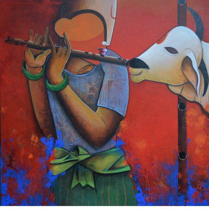 Figurative acrylic painting titled 'Flute of Life', 36x36 inches, by artist Anupam Pal on Canvas