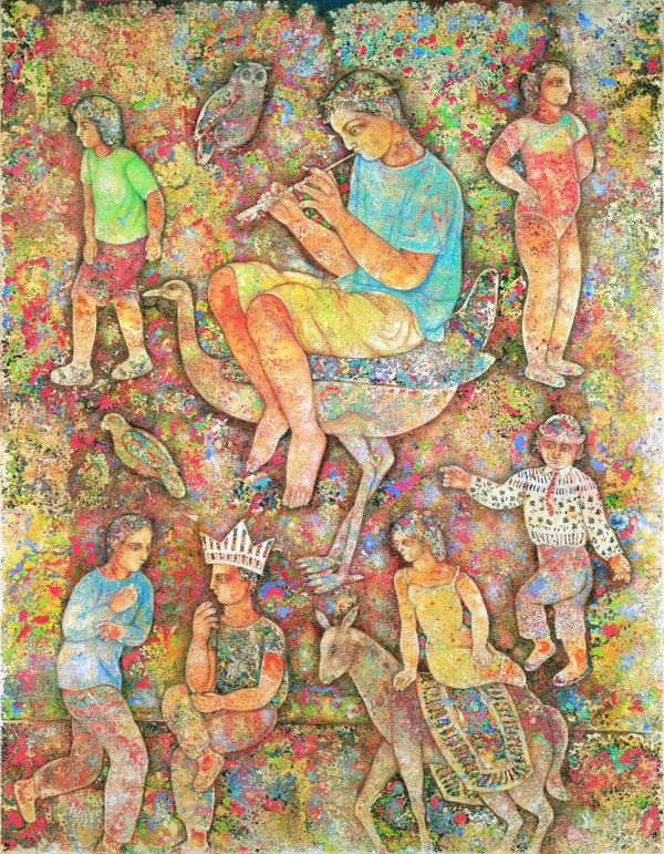 Figurative serigraphs painting titled 'Flute Player', 40x30 inch, by artist Sakti Burman on Paper