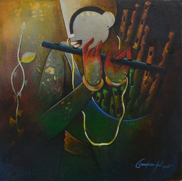 contemporary acrylic painting titled 'Flute Seller 2', 24x24 inches, by artist Anupam Pal on canvas