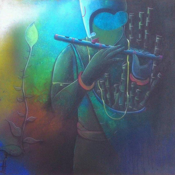 Figurative acrylic painting titled 'Flute seller', 30x30 inches, by artist Anupam Pal on Canvas