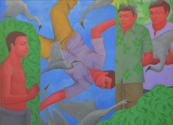 Figurative acrylic oil painting titled 'Flying', 34x48 inches, by artist Partha Mondal on Canvas