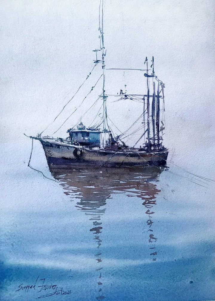 Landscape watercolor painting titled 'Flying Boat Ksfarvez', 10x14 inches, by artist KS Farvez on Paper