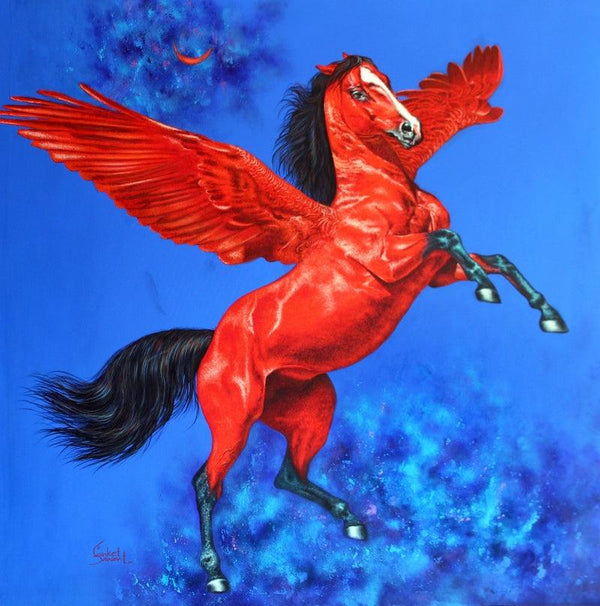 Animals acrylic painting titled 'Flying Horse 1', 30x30 inches, by artist Sanket Sawant on Canvas