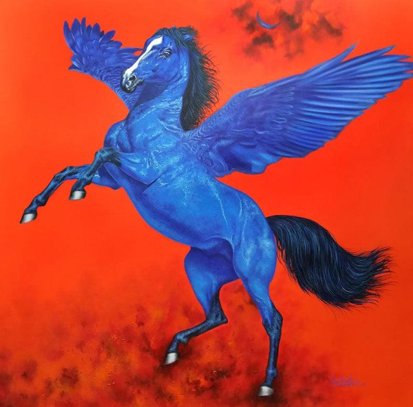 Animals acrylic painting titled 'Flying Horse 2', 30x30 inches, by artist Sanket Sawant on Canvas