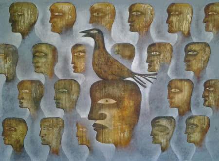 Figurative oil painting titled 'Fog And The Bird', 66x42 inches, by artist Ranjith Raghupathy on Canvas