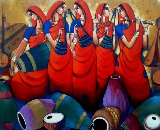 Figurative acrylic painting titled 'Folk And Mridanga', 63x78 inches, by artist Sekhar Roy on Canvas