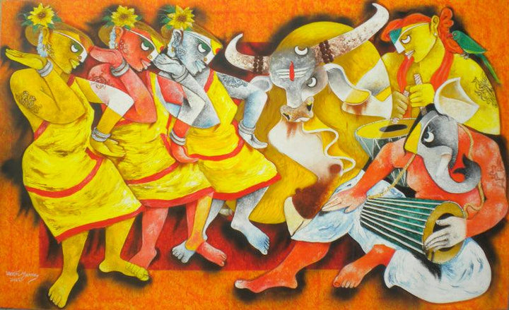 Folk Art acrylic painting titled 'Folk dance 10', 36x60 inches, by artist Uttam Manna on Canvas