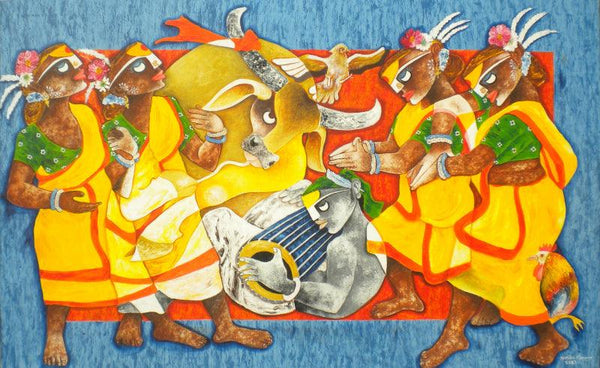 Figurative acrylic painting titled 'Folk dance 12', 36x60 inches, by artist Uttam Manna on Canvas