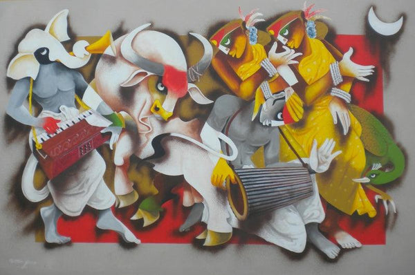 Figurative acrylic painting titled 'Folk Dance 5', 48x72 inches, by artist Uttam Manna on Canvas