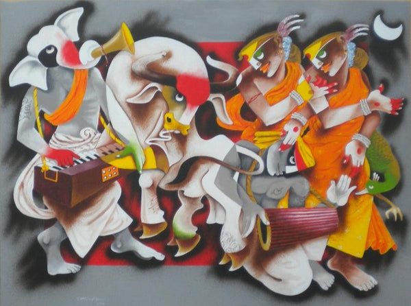 Figurative acrylic painting titled 'Folk Dance 6', 36x48 inches, by artist Uttam Manna on Canvas